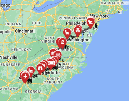 Map for Philadelphia to Atlanta Eastern RV Expedition